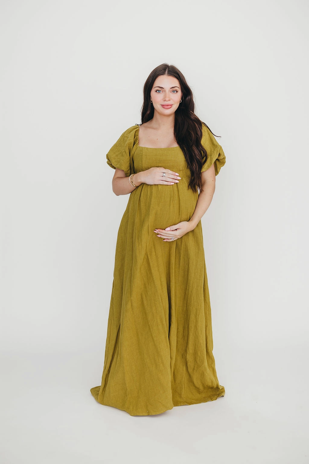 Seasonal Fit Breathable Style Candace Maxi Dress in Olive - 100% Linen - Bump Friendly