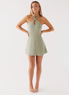 Counting Stars Linen Halterneck Dress - Sage Sporty Look