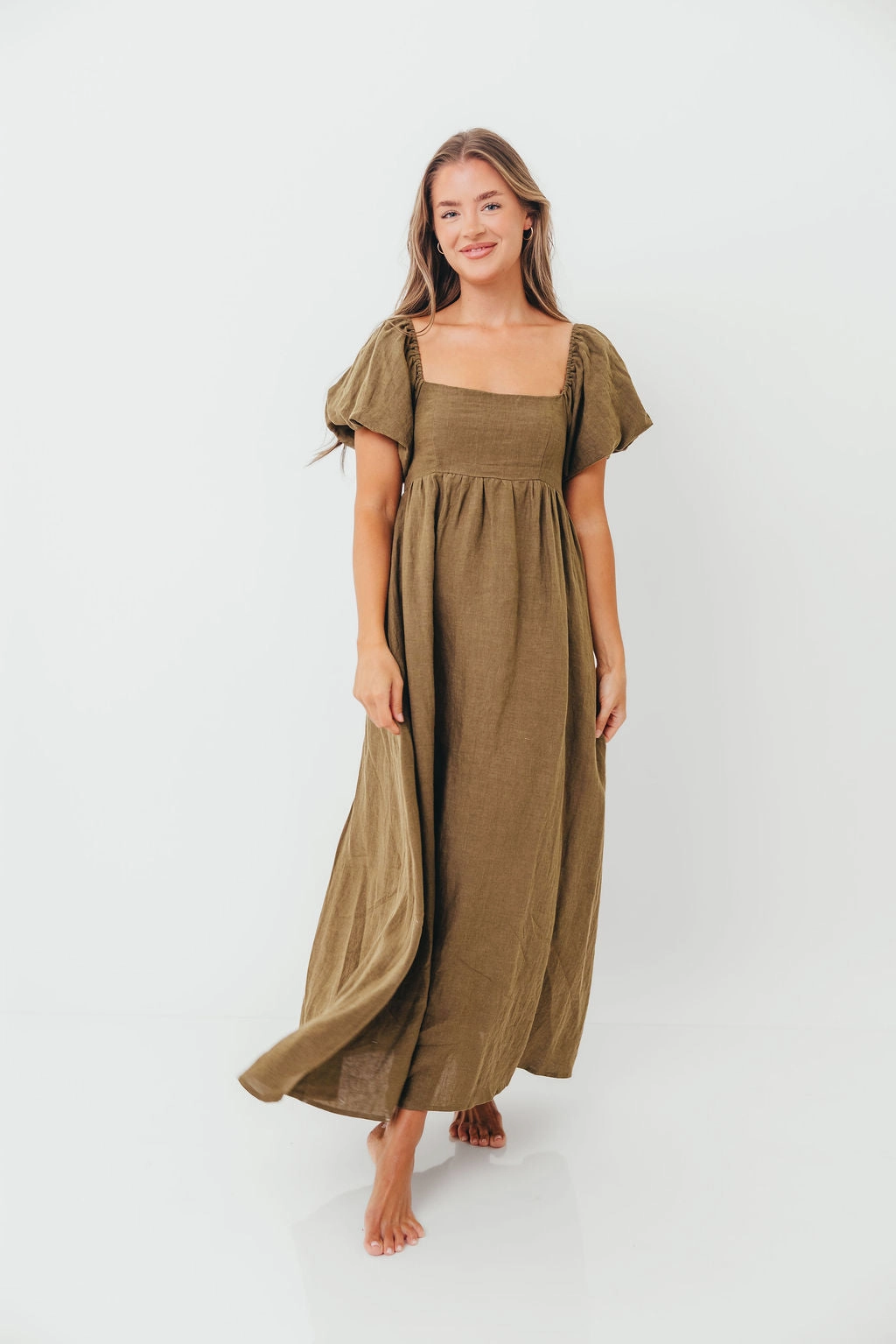 Candace Woven Linen Maxi Dress in Dark Olive - Bump Friendly Side Tie