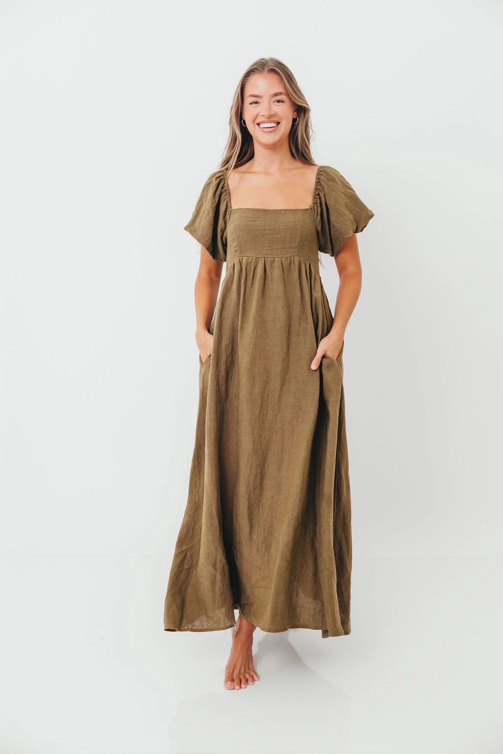 Candace Woven Linen Maxi Dress in Dark Olive - Bump Friendly Vintage-Inspired