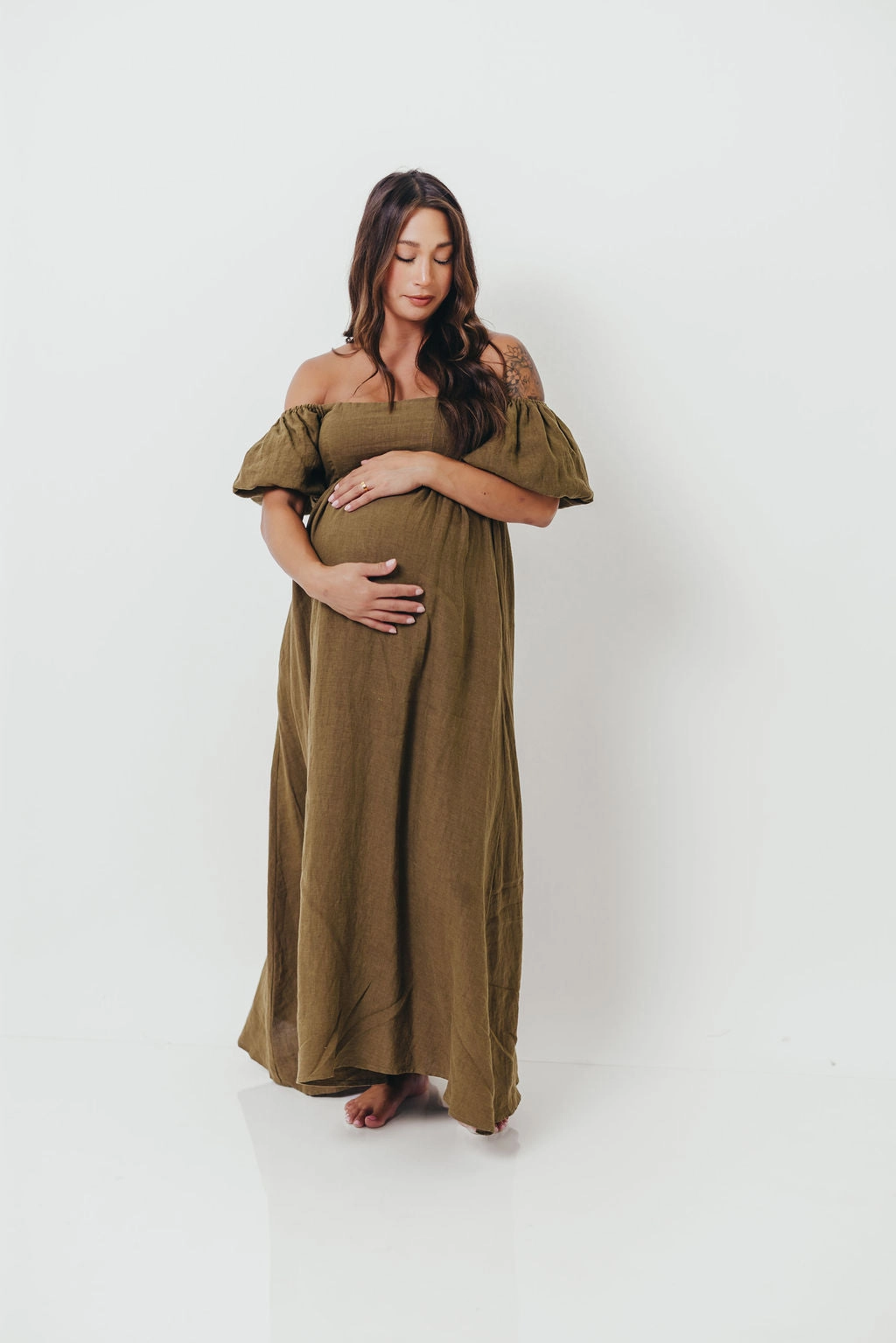 Soft Appeal Chill Comfort Candace Woven Linen Maxi Dress in Dark Olive - Bump Friendly