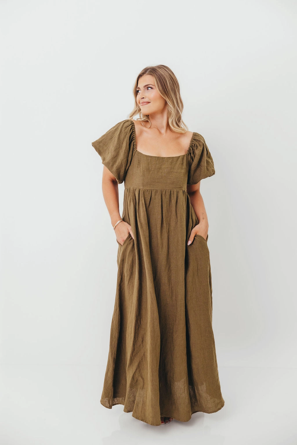 Candace Woven Linen Maxi Dress in Dark Olive - Bump Friendly Gentle Aesthetic