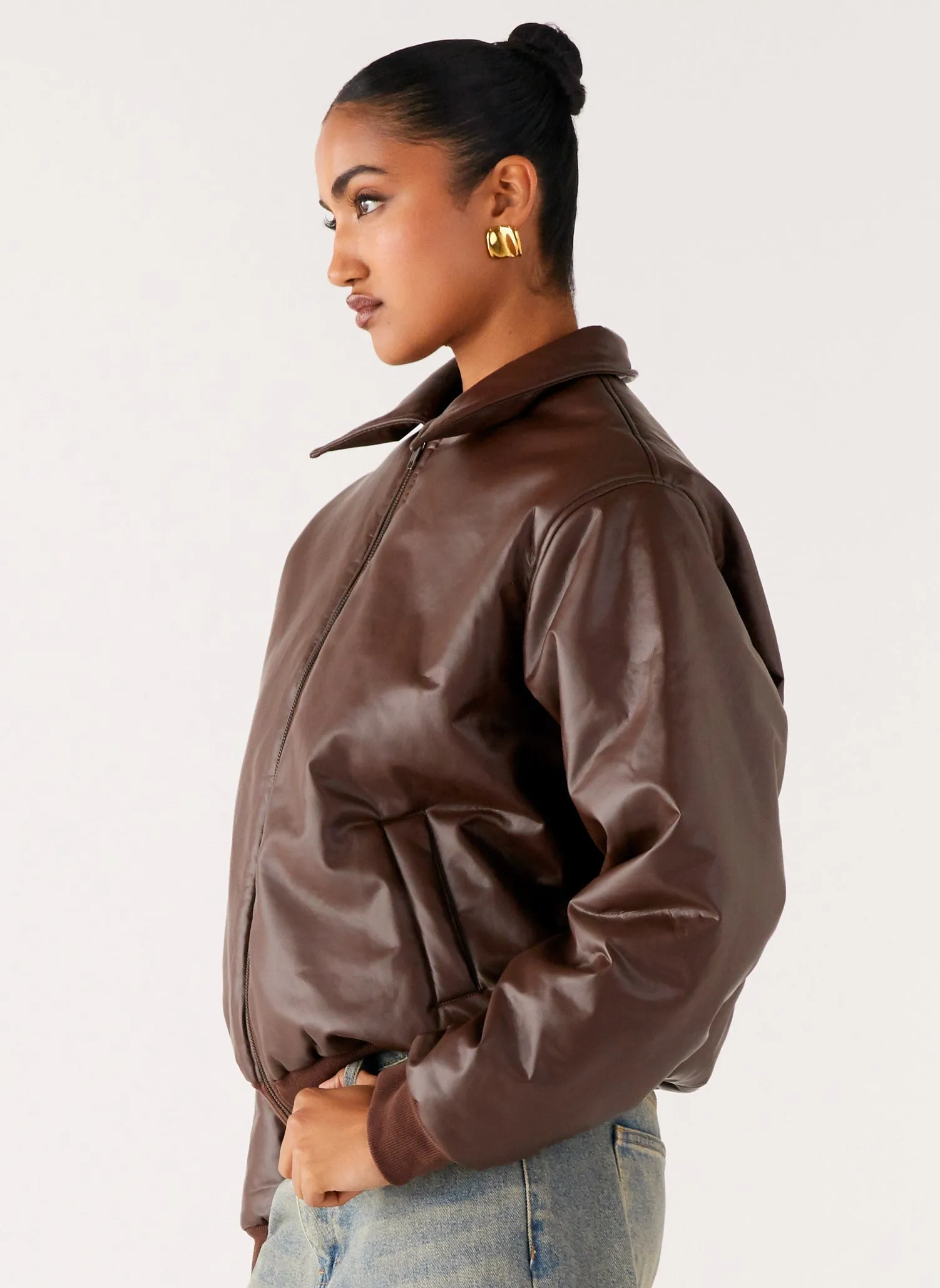 Outlands Faux Leather Bomber Jacket - Chocolate Non Restrictive Collar