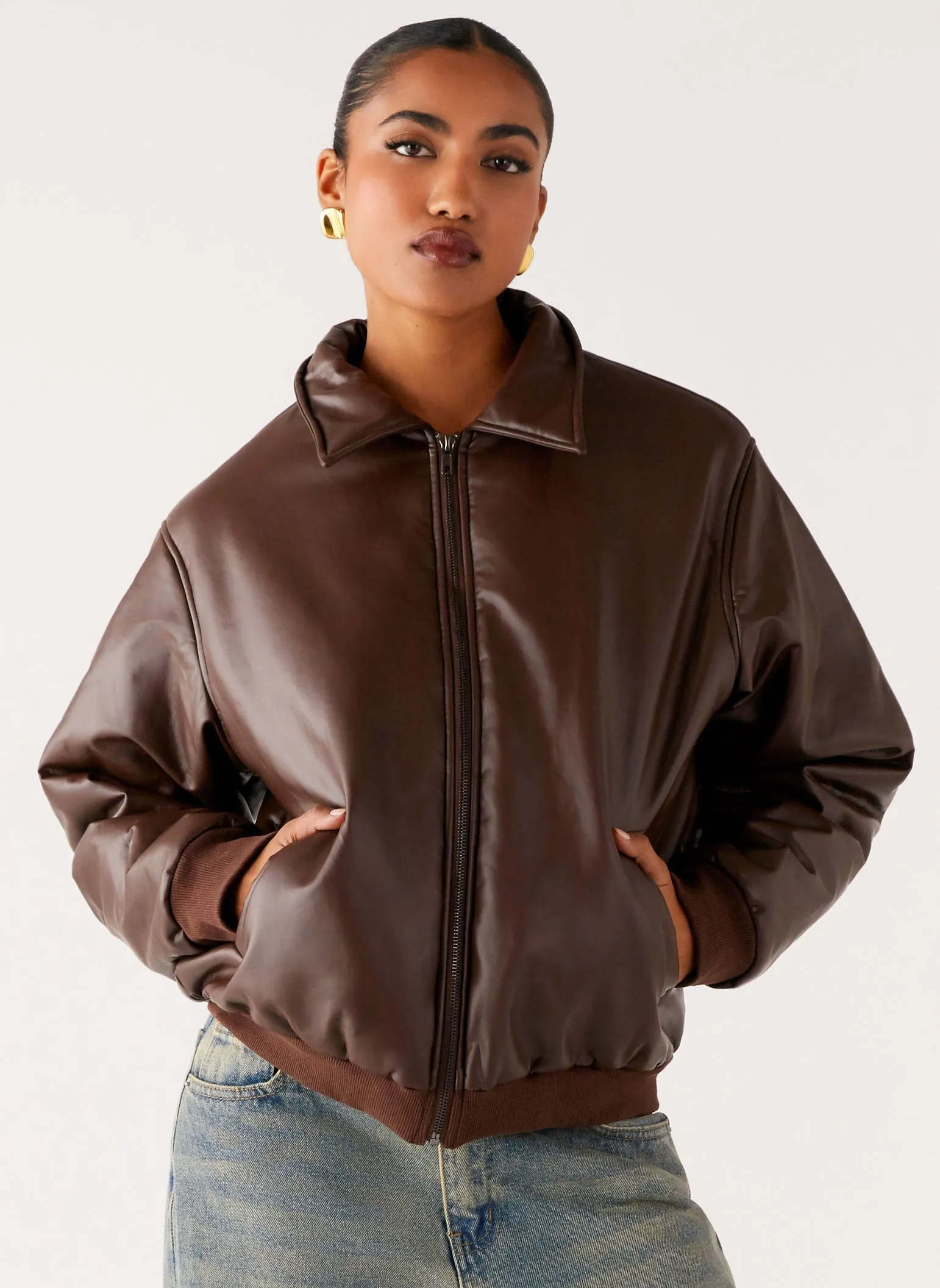 Stretch Panels Outlands Faux Leather Bomber Jacket - Chocolate