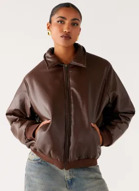 Stretch Panels Outlands Faux Leather Bomber Jacket - Chocolate