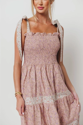 Paisley Tiered Midi Dress in Nude Pink Perfect Day-to-Night Elastic Fit