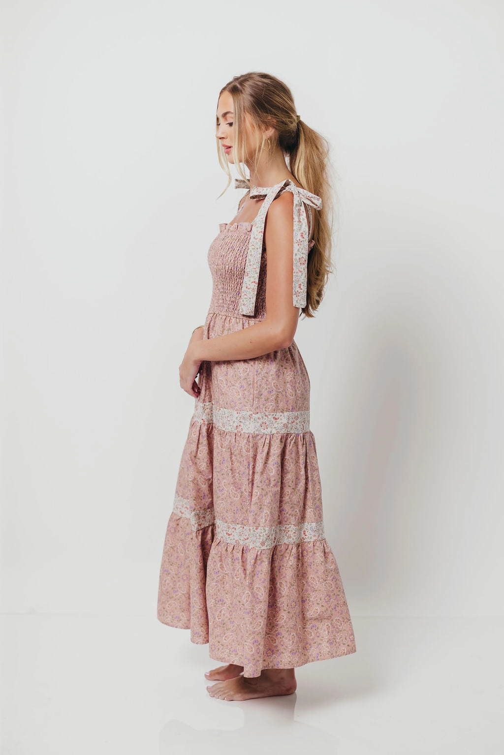 Relaxed day dress Paisley Tiered Midi Dress in Nude Pink