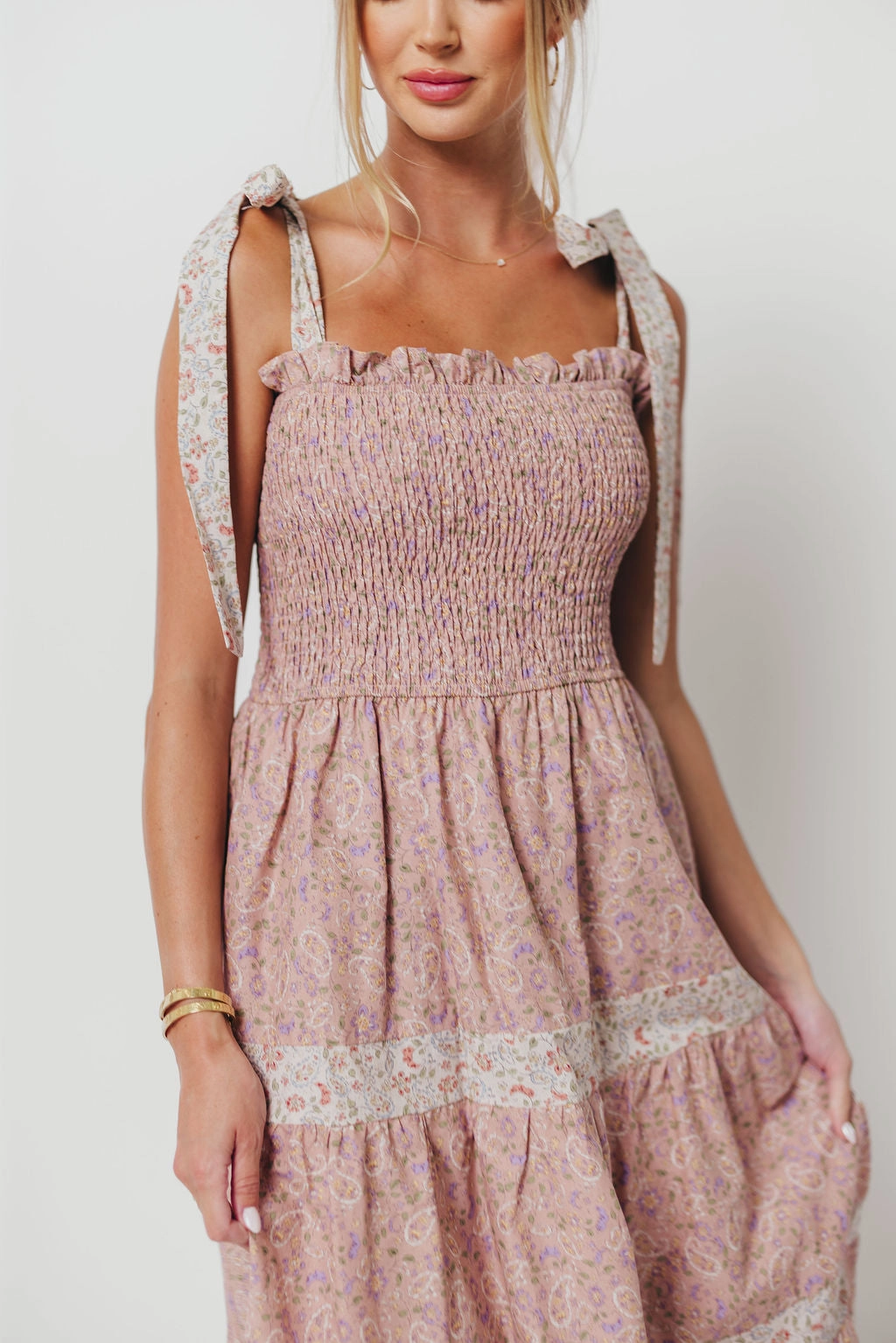 Paisley Tiered Midi Dress in Nude Pink Perfect Day-to-Night Elastic Fit