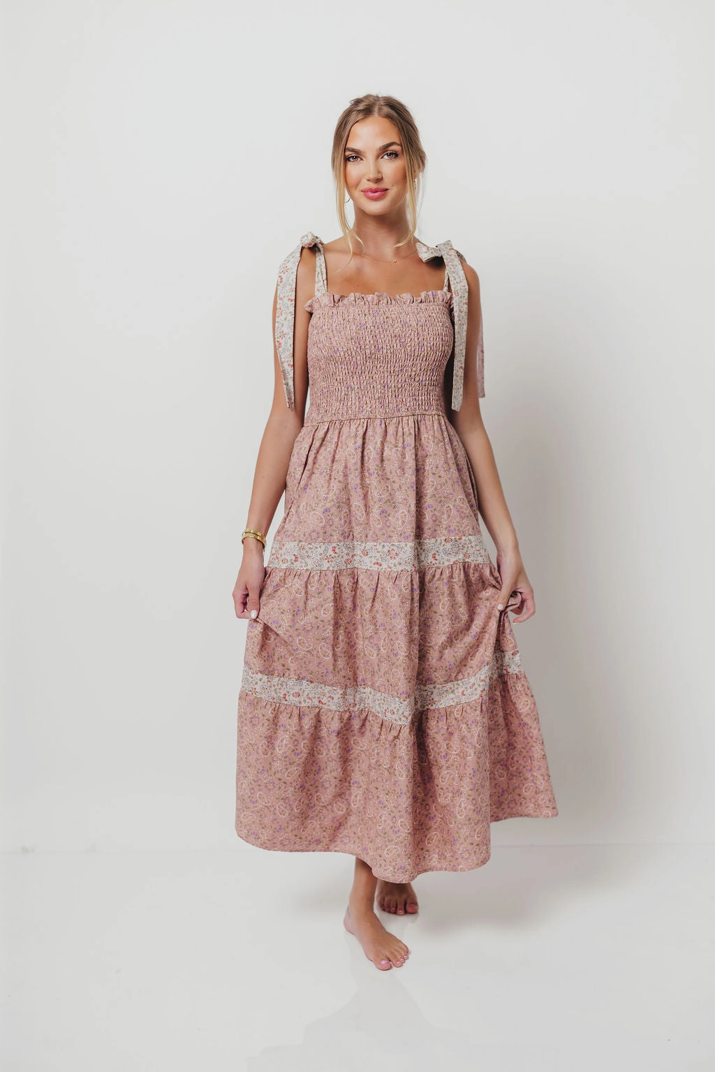 Paisley Tiered Midi Dress in Nude Pink Trend Movement
