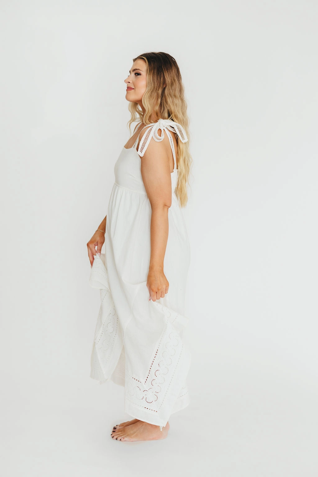 Palmer Asymmetrical Hem Midi Dress in White *Final-Sale* Hidden Zipper Smile Soft