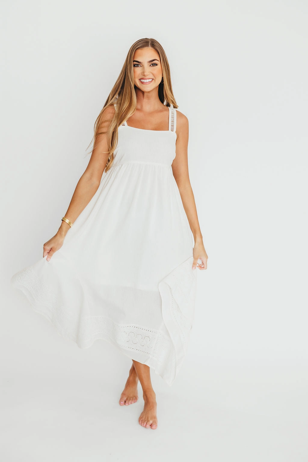 Palmer Asymmetrical Hem Midi Dress in White *Final-Sale* Subtle Fit Heart Tone