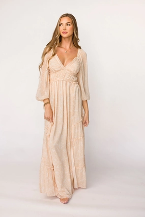 Daphne Long Sleeve Maxi Dress in Light Beige/White Floral - Bump Friendly & Inclusive Sizing (XS-3XL) All-Purpose Comfort