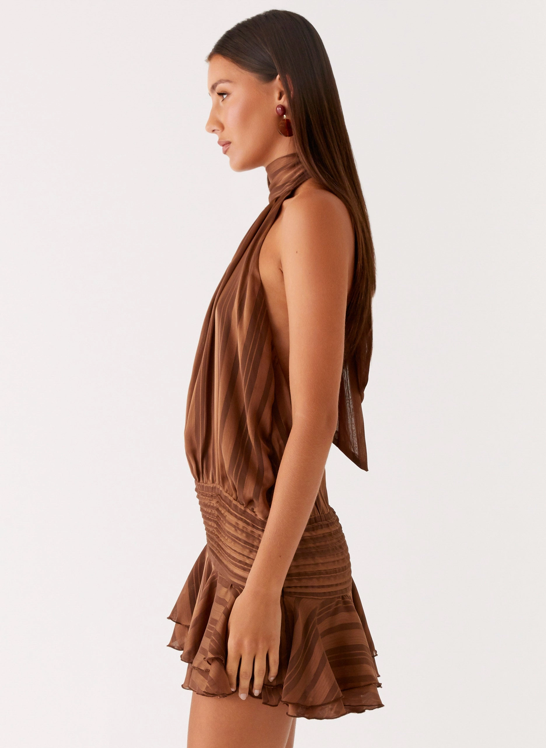 Square-Neck Family Warm Willow Chiffon Mini Dress - Chocolate