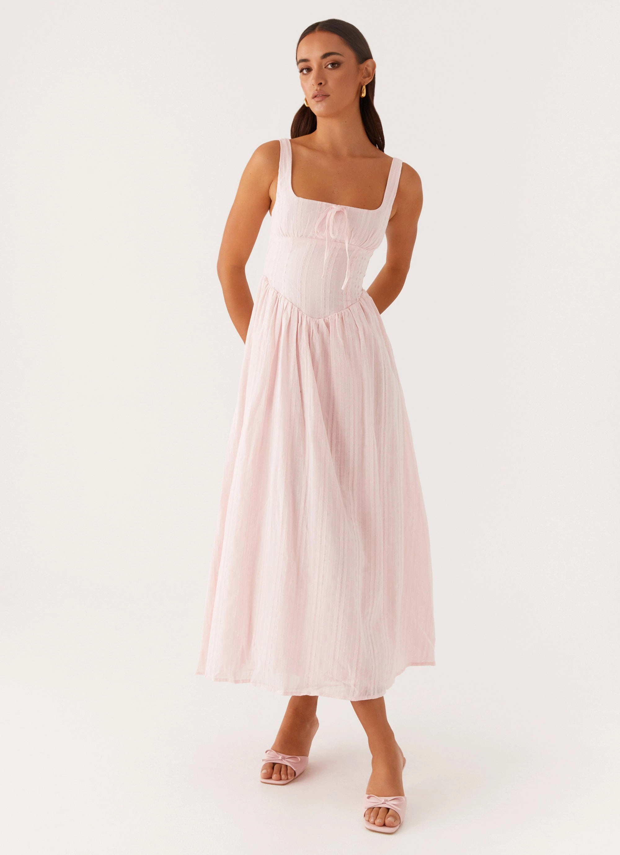 Pascuelle Midi Dress - Pink Cinched-Waist Office Glam