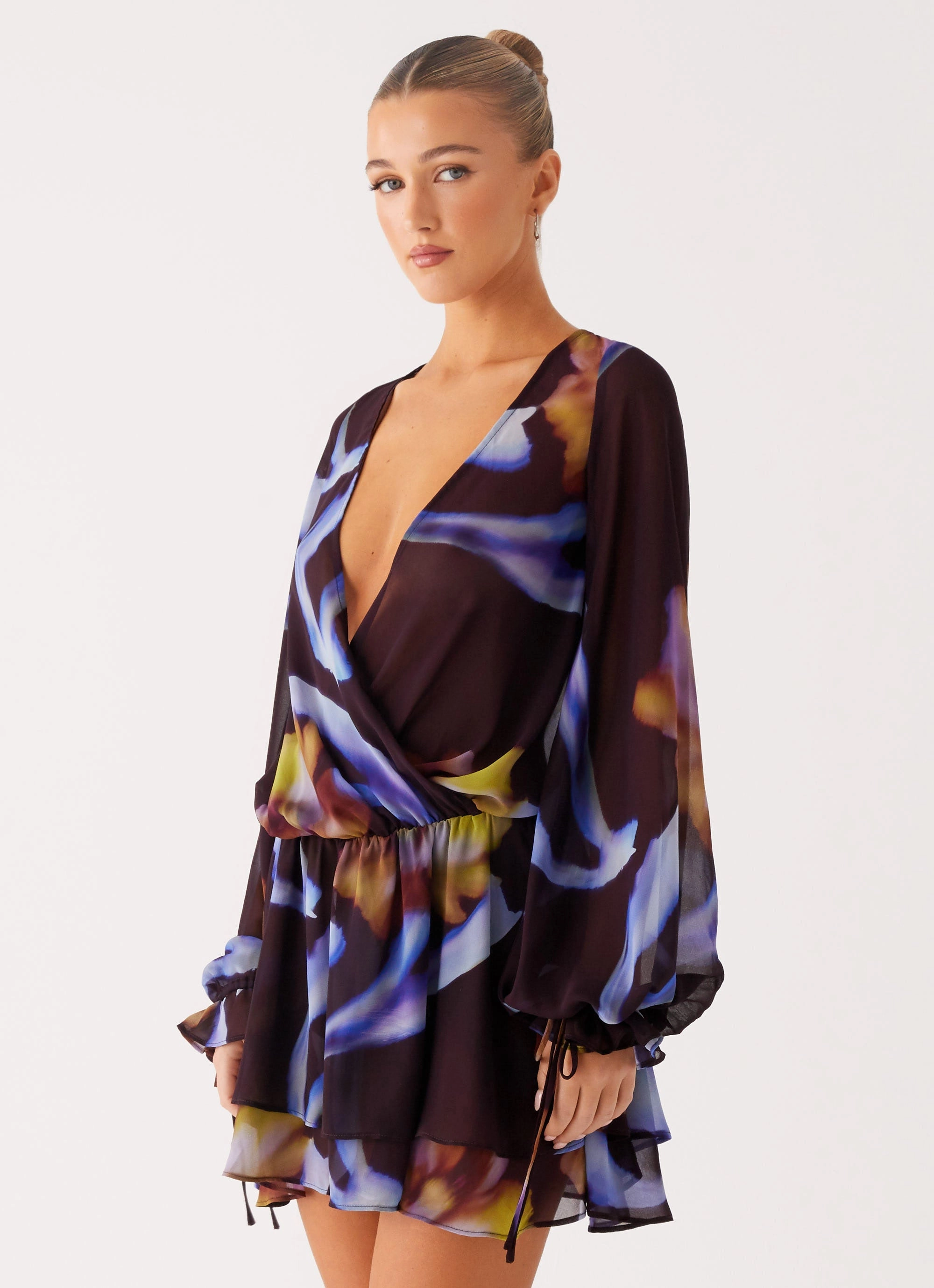 Passion Long Sleeve Mini Dress - Dark Floral Convertible-Style Work Appropriate