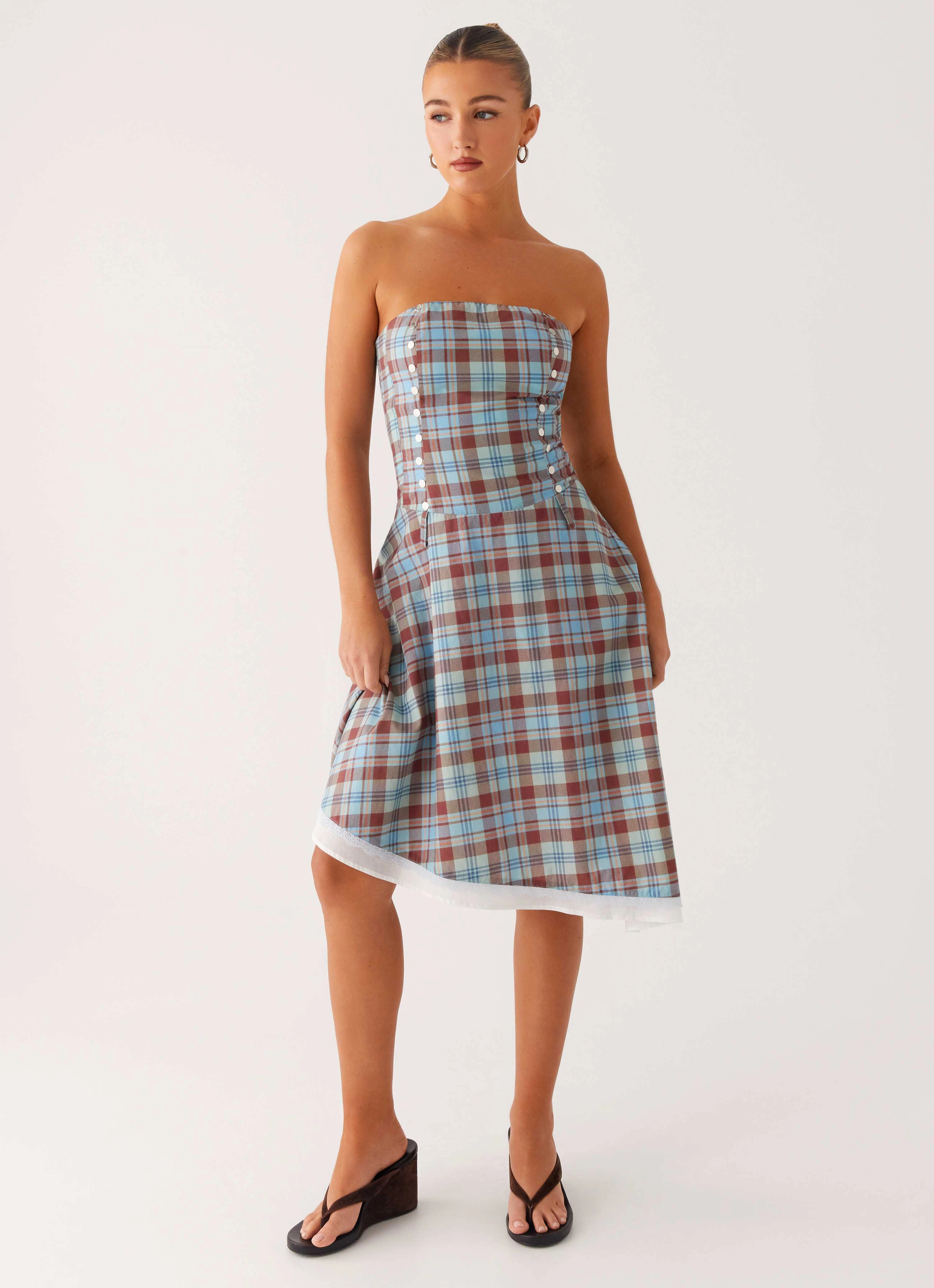 Tonie Strapless Midi Dress - Shoreline Check Dreamy Touch