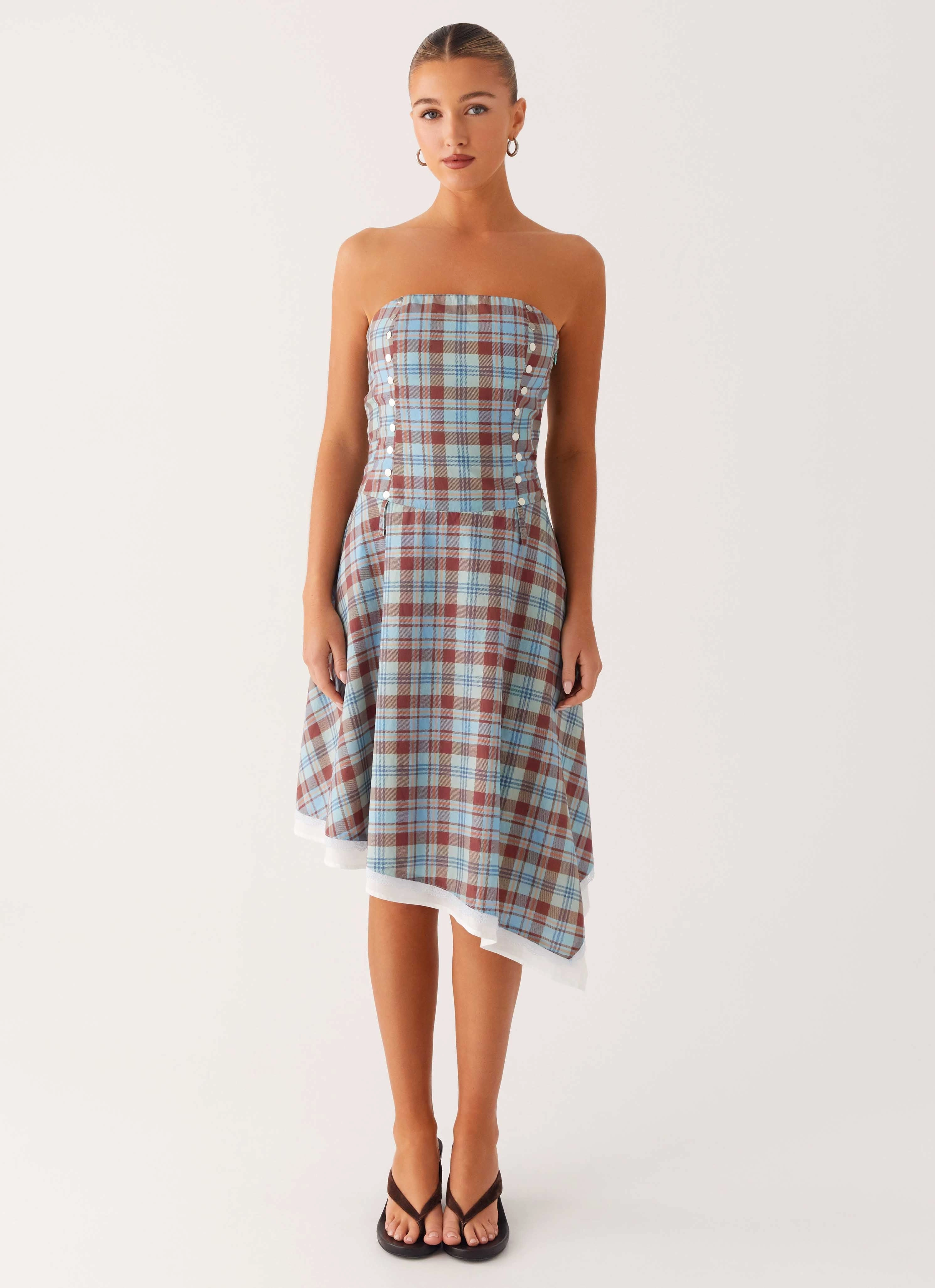 Tonie Strapless Midi Dress - Shoreline Check Balloon-Sleeve Day Chic