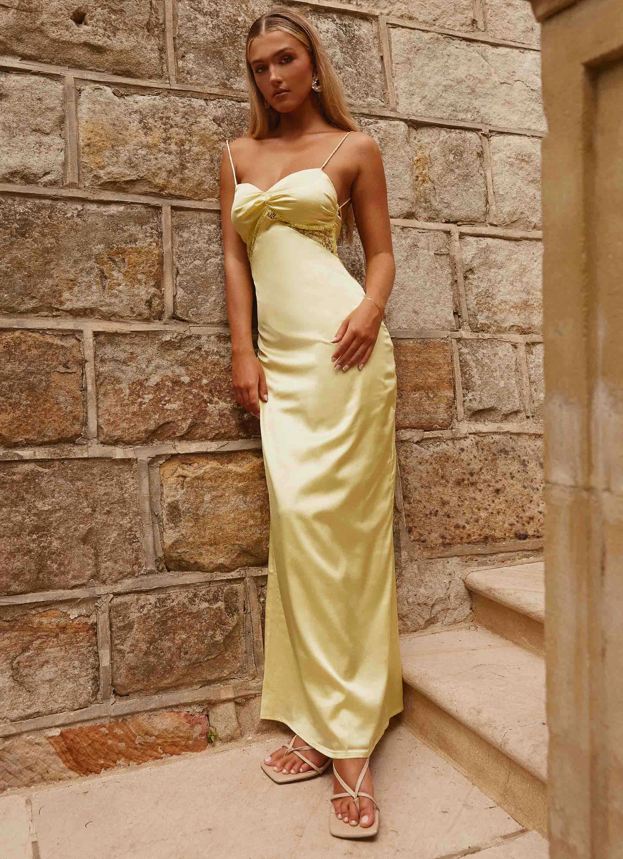 Dream Sight Lace Satin Maxi Dress - Lemon Wrinkle-Free-Finish