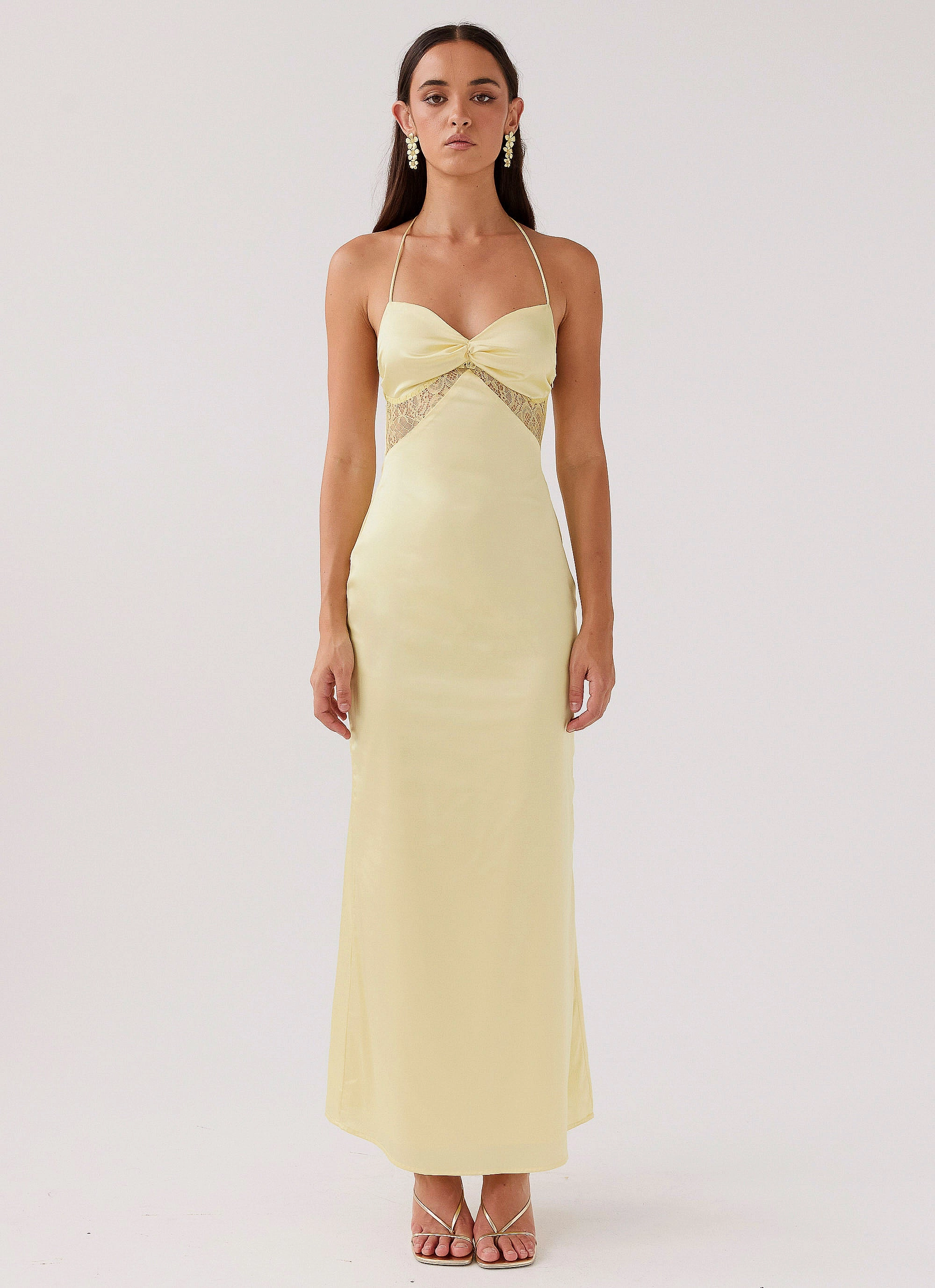 Brunch Tone Dream Sight Lace Satin Maxi Dress - Lemon