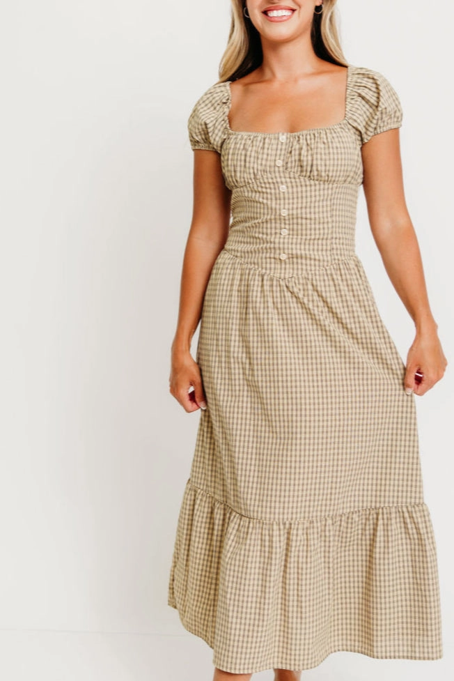 Paulette Plaid Ruffled Hem Maxi Dress in Beige Art Spirit Profile Enhancer