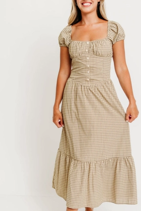 Casual Chic Wear Paulette Plaid Ruffled Hem Maxi Dress in Beige