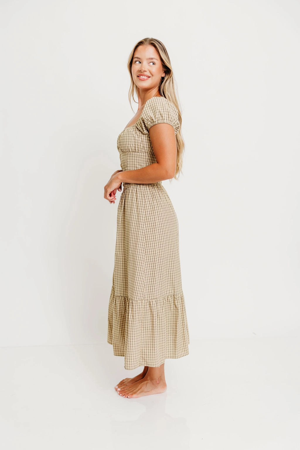 Paulette Plaid Ruffled Hem Maxi Dress in Beige Side-Slit