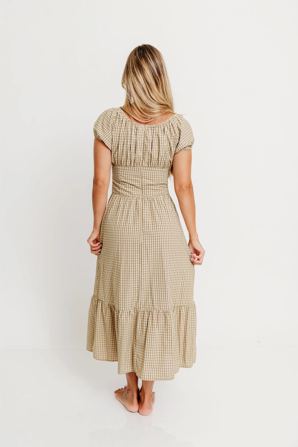 Feminine flowing piece Modern Texture Paulette Plaid Ruffled Hem Maxi Dress in Beige