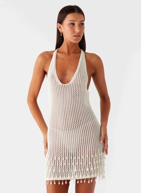 Pearl Shore Beaded Crochet Mini Dress - Ivory Urban Classic Sleek Flow