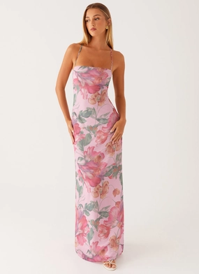 Stylish party wear retro-style Peggy Maxi Dress - Pink Floral