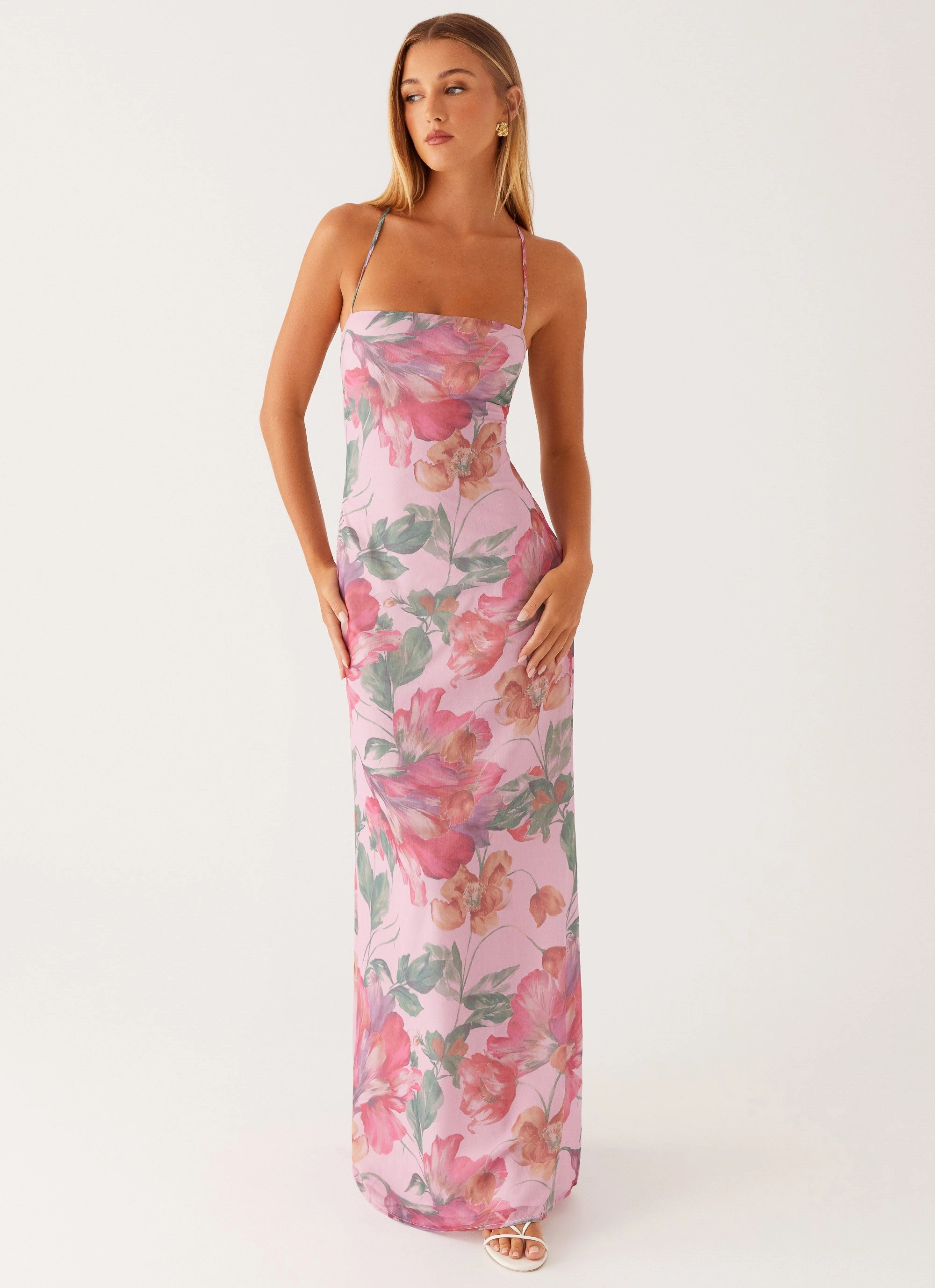 Stylish party wear retro-style Peggy Maxi Dress - Pink Floral