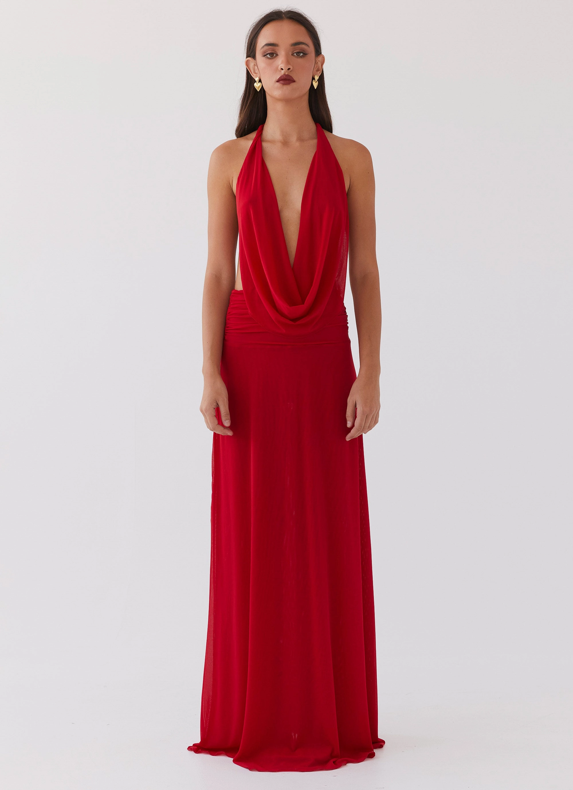 Elysia Mesh Maxi Dress - Cherry Red Removable-Straps