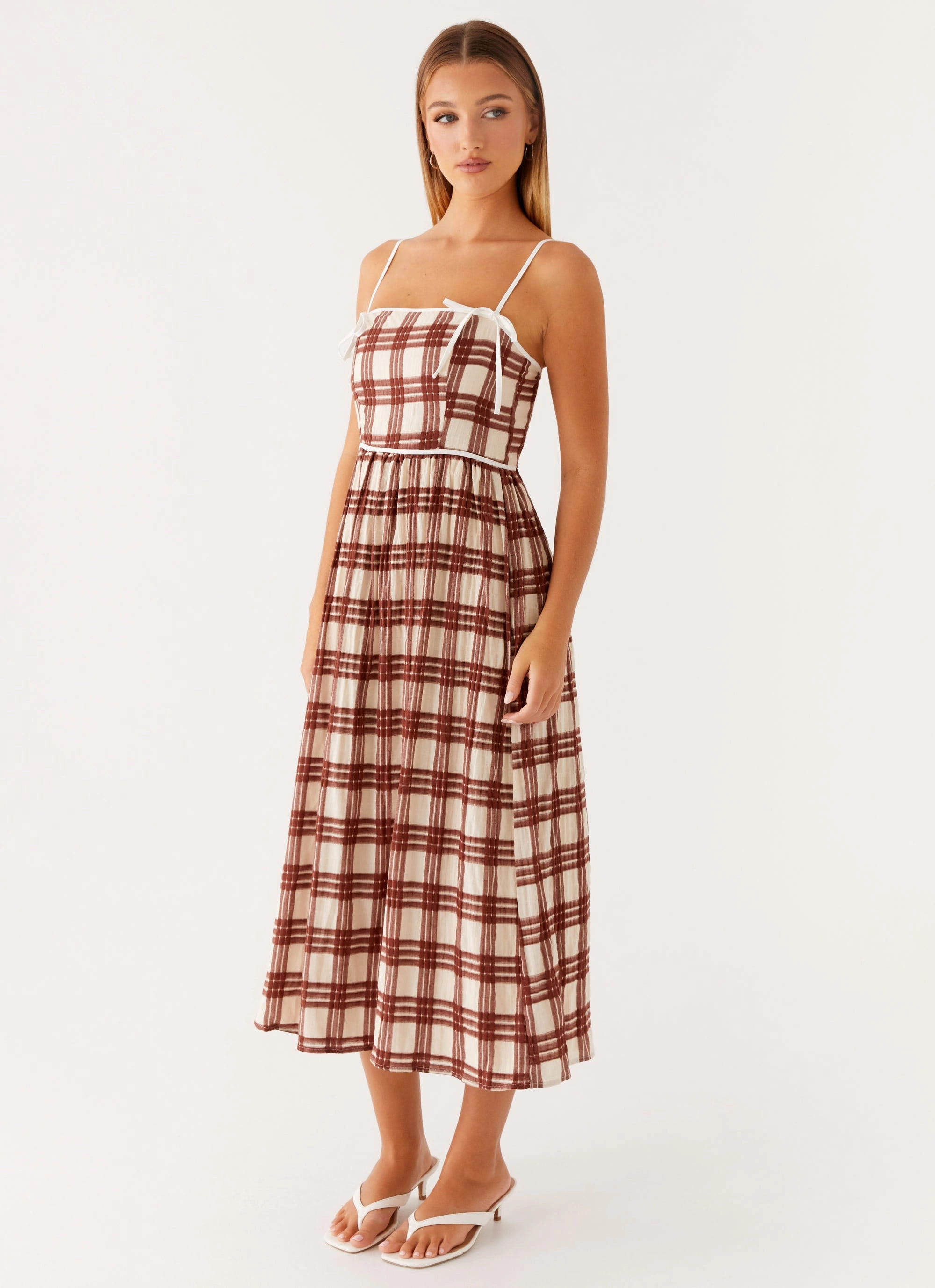 Velvet-Sleeve Cool Draping Shyanne Midi Dress - Chocolate Check