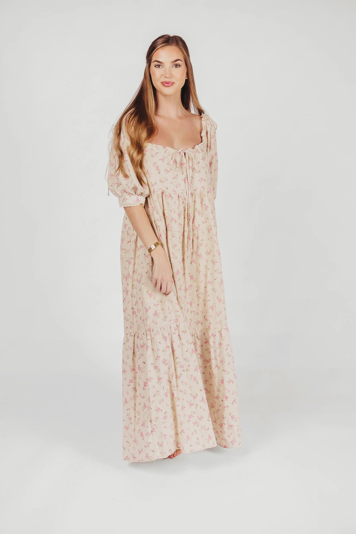 Cara 100% Cotton Maxi Dress in Pink/Brown Floral *Final-Sale* Romantic Style Chic Layers