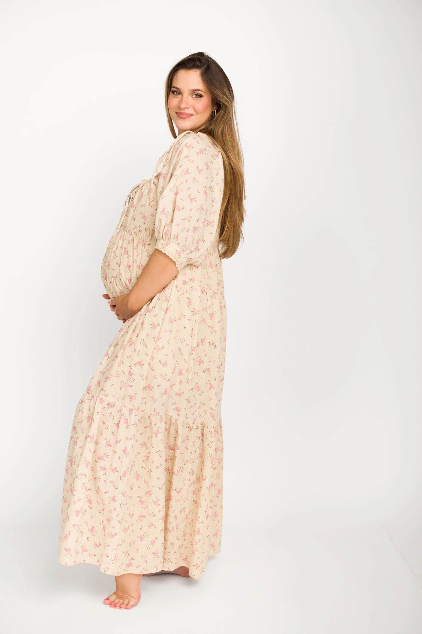 Cara 100% Cotton Maxi Dress in Pink/Brown Floral *Final-Sale* Sophisticated Layers Shirred-Detail