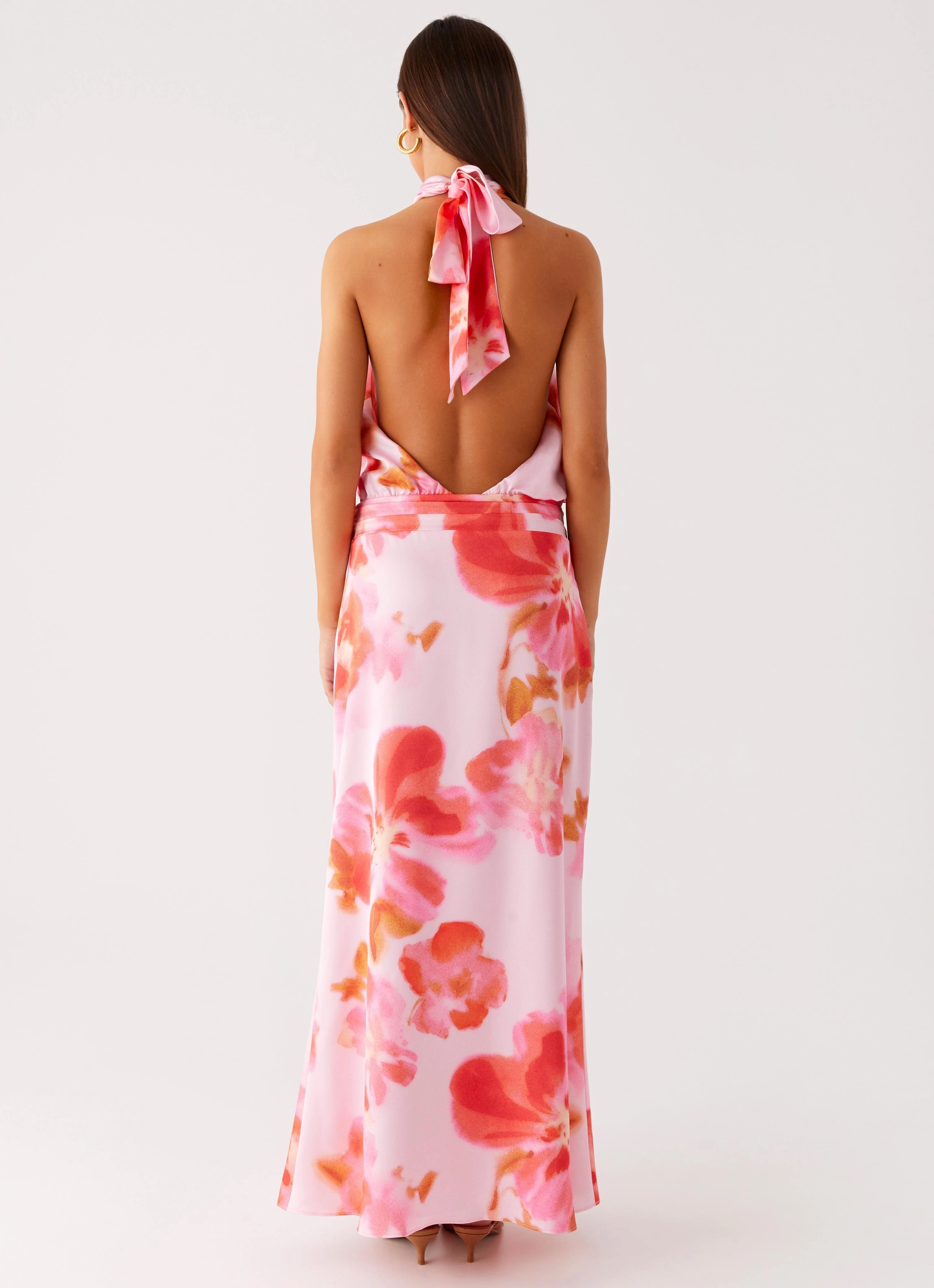 Diablo Backless Maxi Dress - Blushing Blossom Calm Style Silky Layer