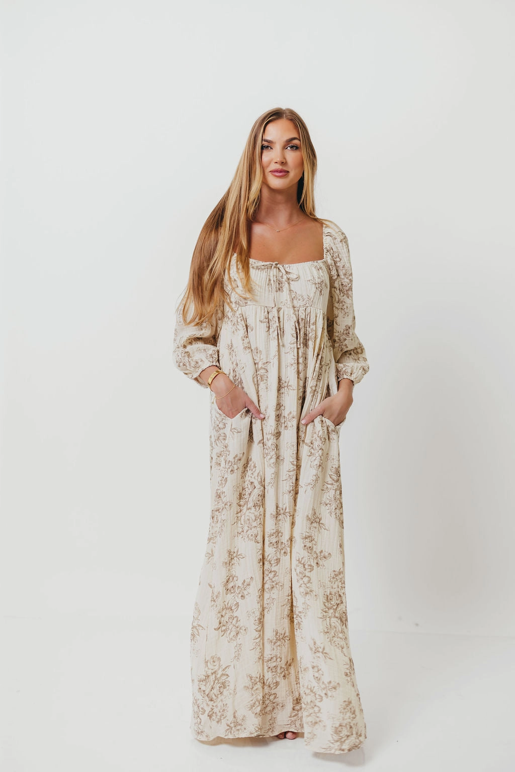 Peyton 100% Cotton Maxi Dress in Brown Floral - Bump Friendly Playful Twist Lightweight and Breezy