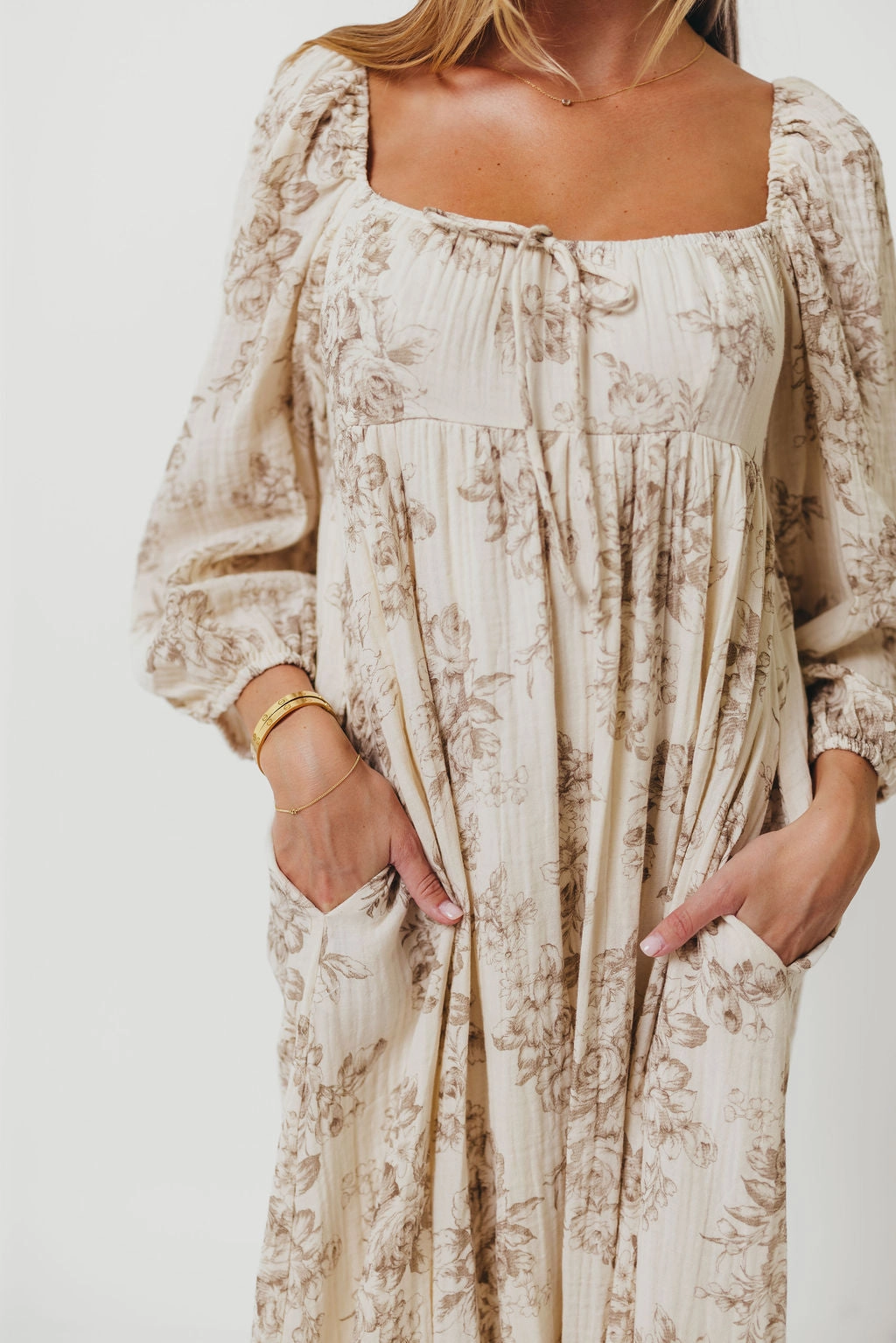 Peyton 100% Cotton Maxi Dress in Brown Floral - Bump Friendly Relaxed and Elegant
