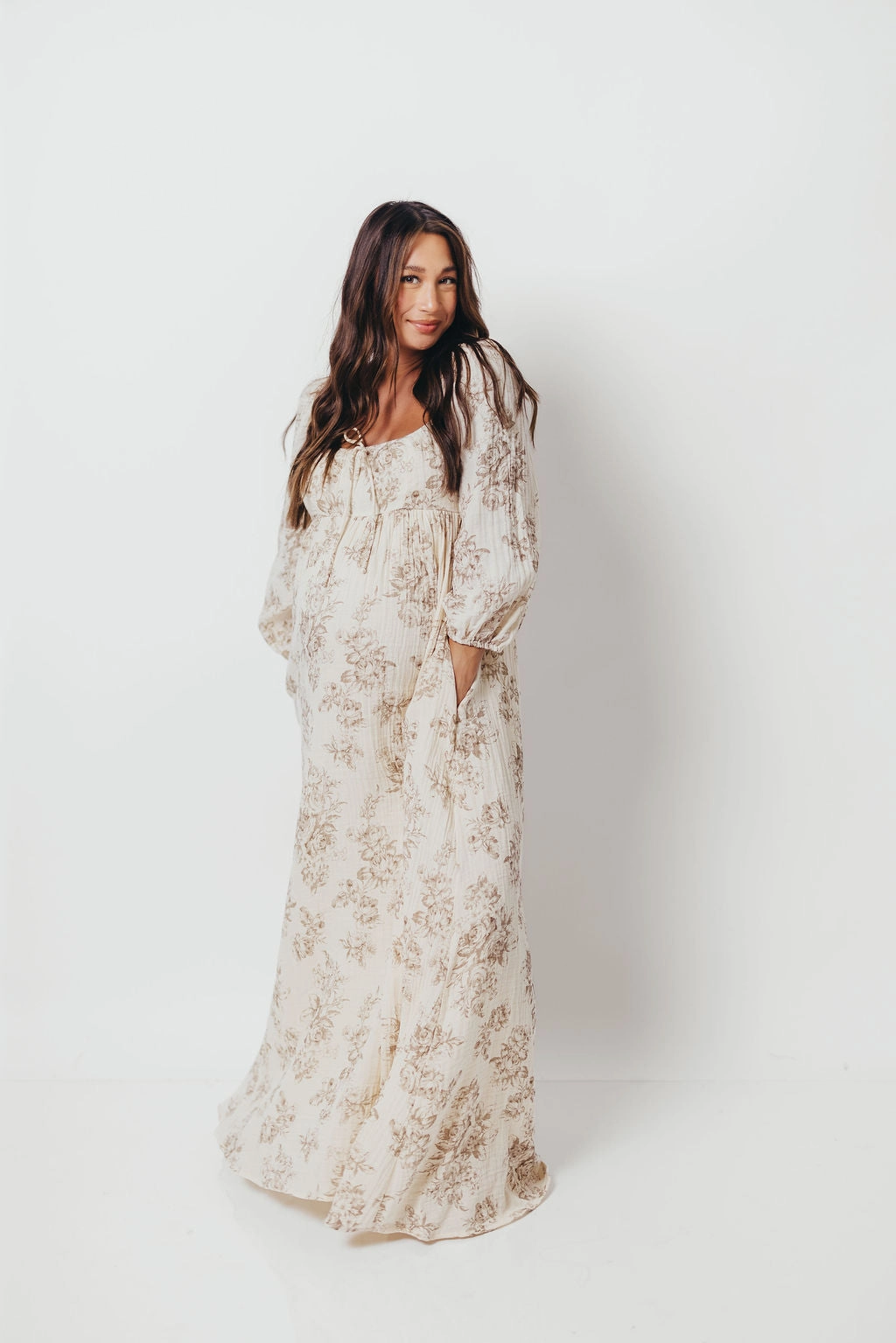 Peyton 100% Cotton Maxi Dress in Brown Floral - Bump Friendly Ready Glow StretchableKnit