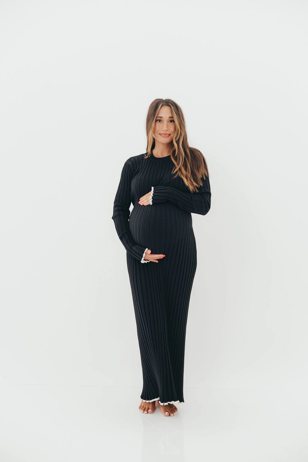 Date night Warm Touch Bentley Ribbed Knit Maxi Dress in Black with White Trim - Bump Friendly