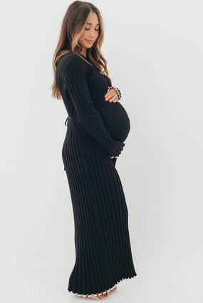 Bentley Ribbed Knit Maxi Dress in Black with White Trim - Bump Friendly Modest Look