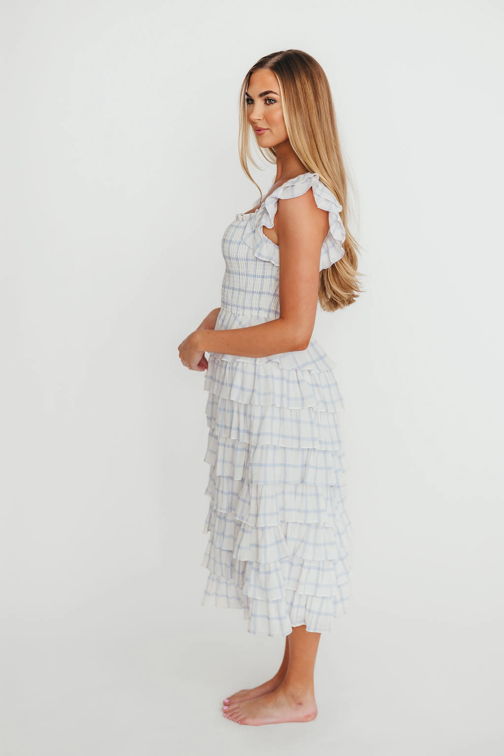 Adelynn Ruffle Midi Dress in White/Blue Style Moment Floral design