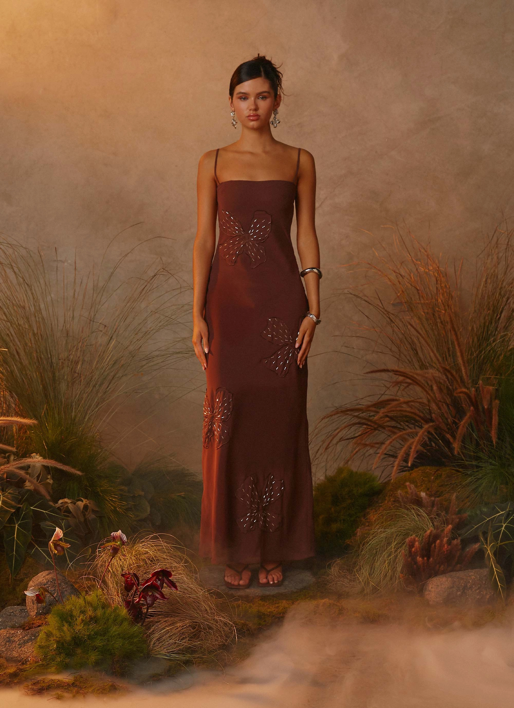 London Cool WideCollarDesign Bayla Beaded Flower Maxi Dress - Chocolate