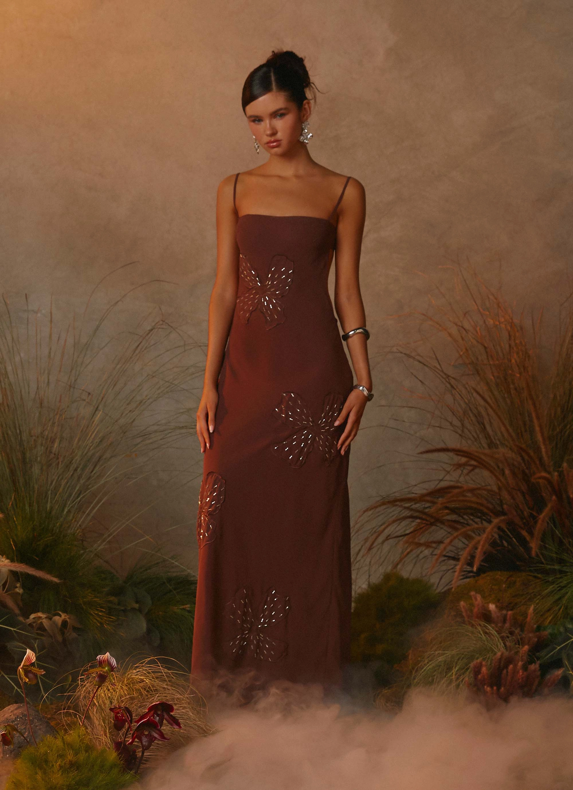 Bayla Beaded Flower Maxi Dress - Chocolate Lounge Vibe