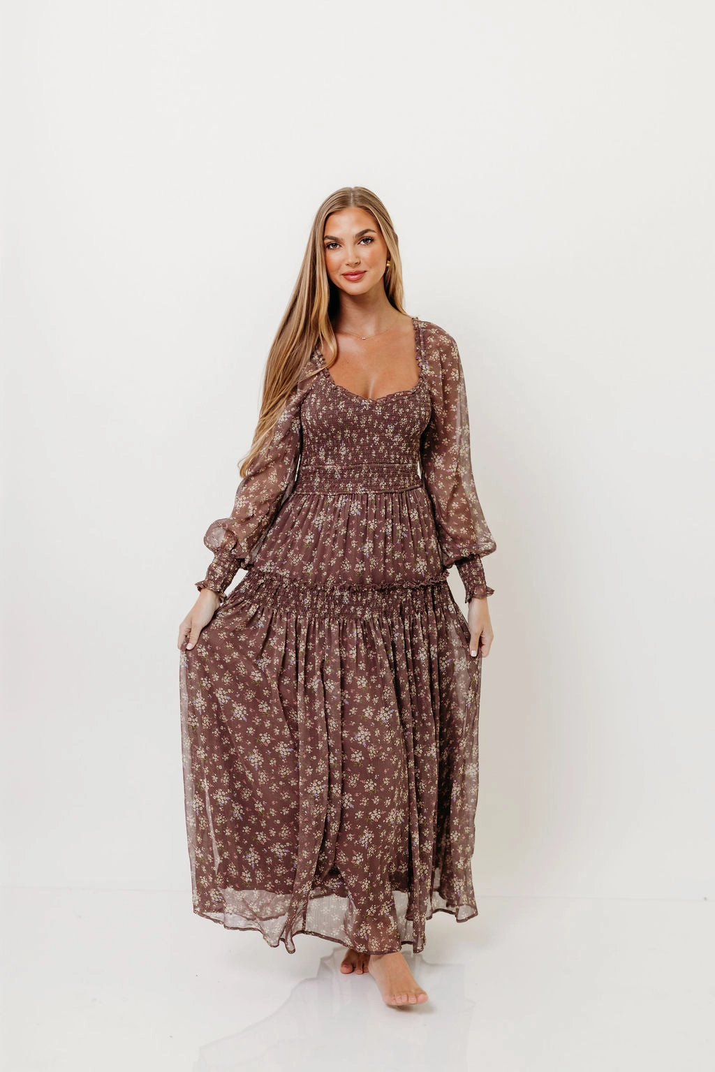 Luisa Smocked Floral Maxi Dress in Mocha Mousse Dreamy Touch