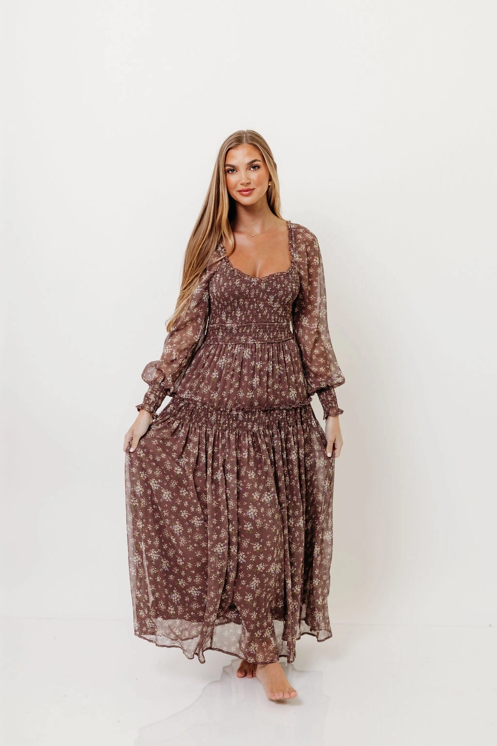 Luisa Smocked Floral Maxi Dress in Mocha Mousse Casual-Look
