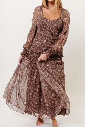 Relaxed-fit Luisa Smocked Floral Maxi Dress in Mocha Mousse