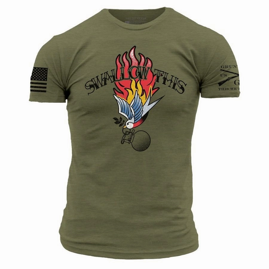 Stretchable Collar Band Swallow This T-Shirt - Military Green