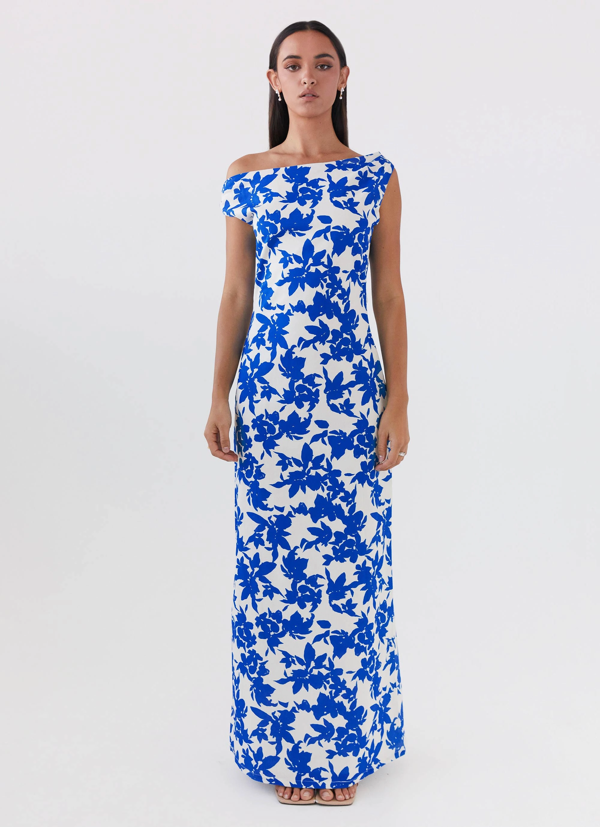 Tall Girl Satin-Finish Pyper Off Shoulder Maxi Dress - Blue Floral