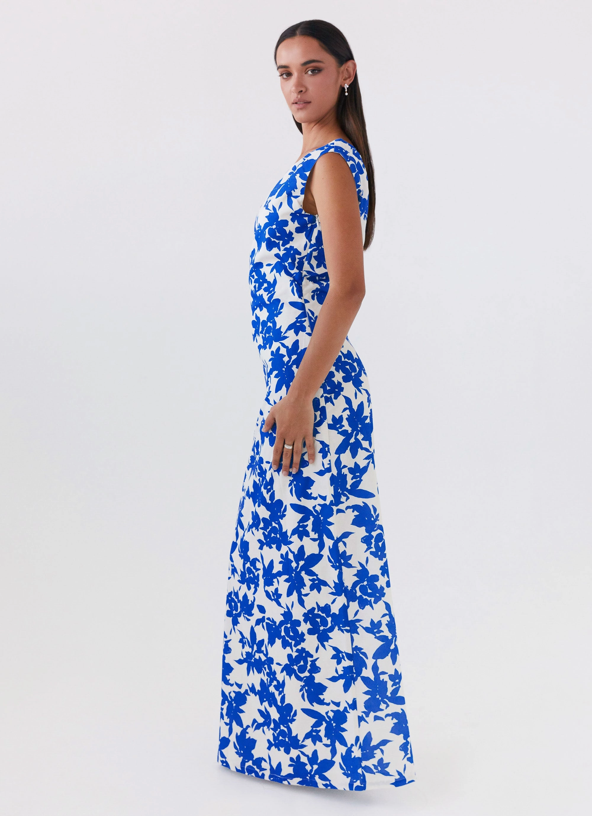 Pyper Off Shoulder Maxi Dress - Blue Floral ConvertibleNeckline Daily Chic