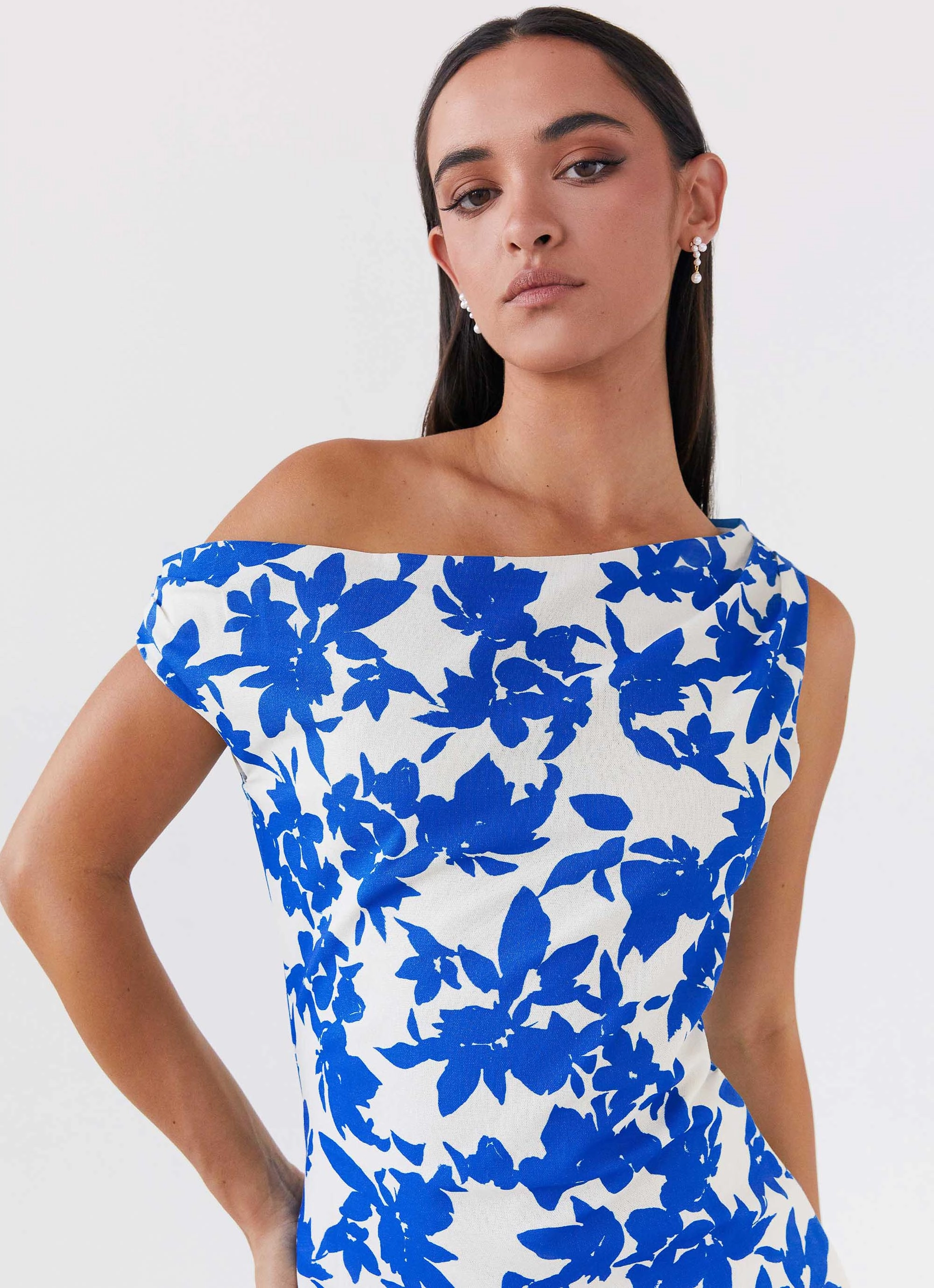 Lined interior Pyper Off Shoulder Maxi Dress - Blue Floral